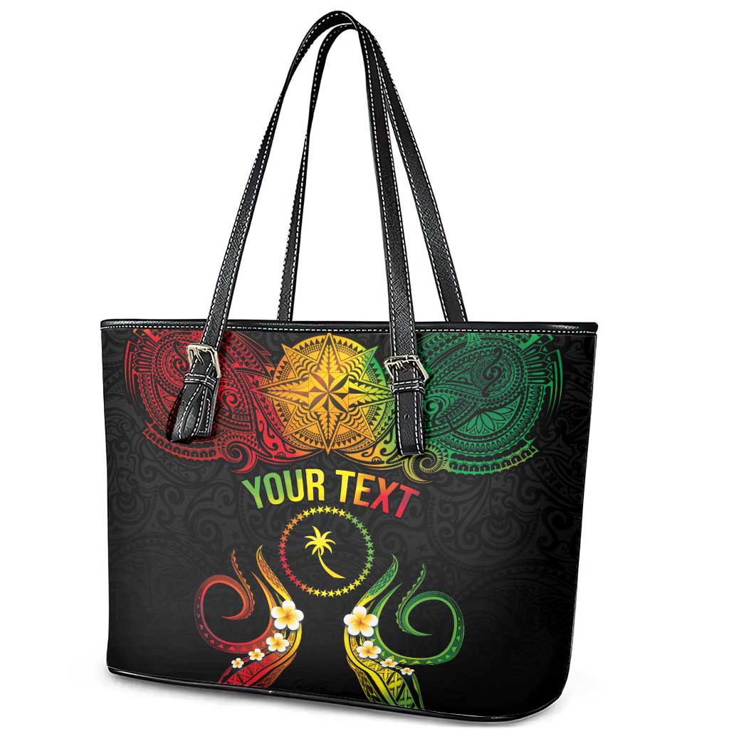 Personalised Chuuk Independence Day Leather Tote Bag Polynesian Tattoo and Plumeria Reggae Color