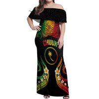 Personalised Chuuk Independence Day Off Shoulder Maxi Dress Polynesian Tattoo and Plumeria Reggae Color
