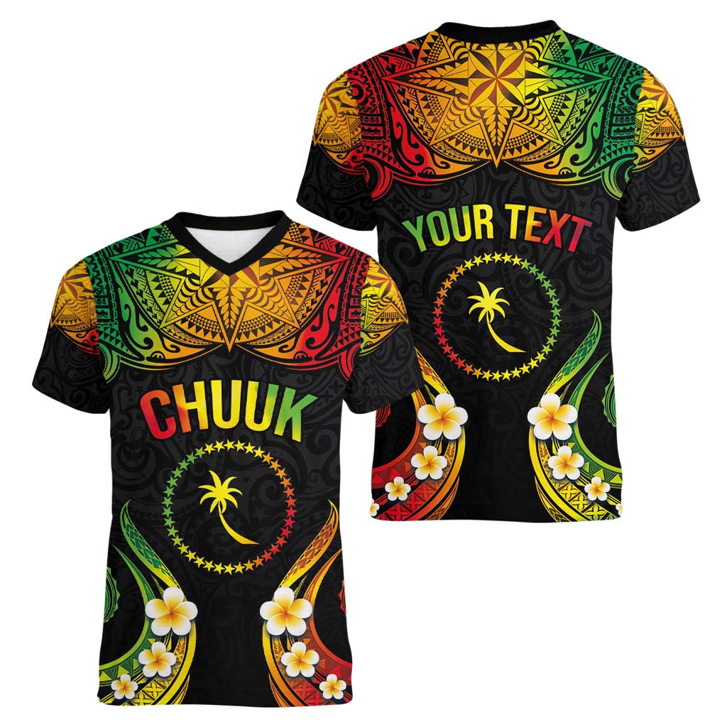 Personalised Chuuk Independence Day Women V-Neck T-Shirt Polynesian Tattoo and Plumeria Reggae Color