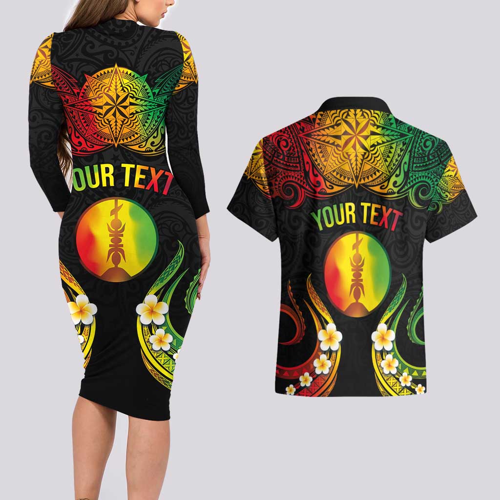 Personalised New Caledonia Independence Day Couples Matching Long Sleeve Bodycon Dress and Hawaiian Shirt Polynesian Tattoo and Plumeria Reggae Color
