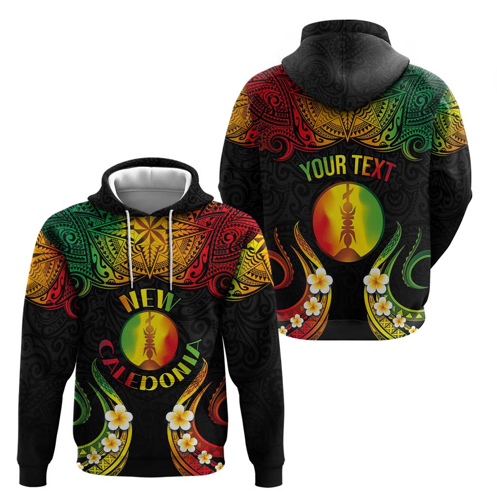 Personalised New Caledonia Independence Day Hoodie Polynesian Tattoo and Plumeria Reggae Color