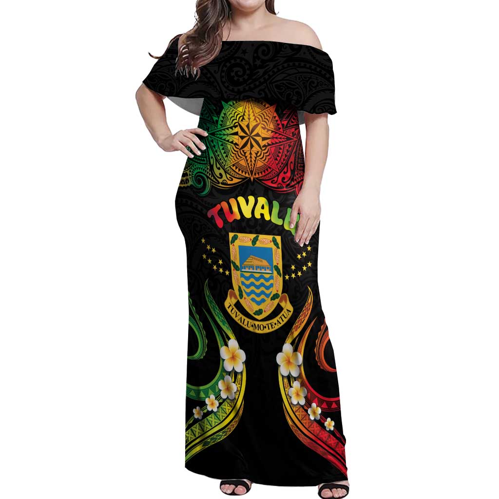 Personalised Tuvalu Independence Day Off Shoulder Maxi Dress Polynesian Tattoo and Plumeria Reggae Color LT03 Women Reggae - Polynesian Pride