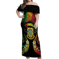 Personalised Tuvalu Independence Day Off Shoulder Maxi Dress Polynesian Tattoo and Plumeria Reggae Color LT03 Women Reggae - Polynesian Pride