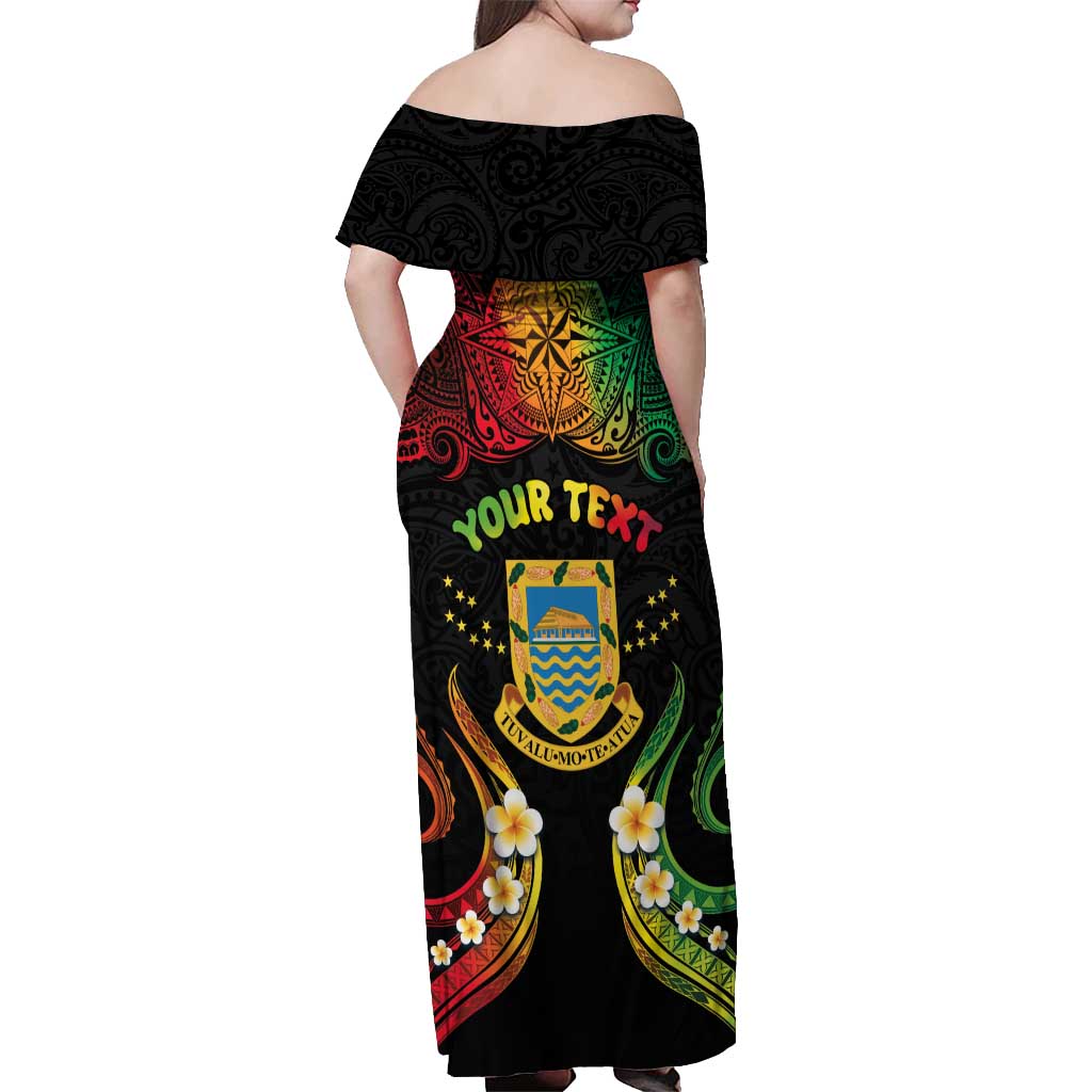 Personalised Tuvalu Independence Day Off Shoulder Maxi Dress Polynesian Tattoo and Plumeria Reggae Color LT03 - Polynesian Pride