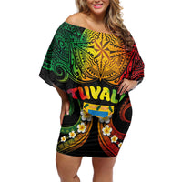 Personalised Tuvalu Independence Day Off Shoulder Short Dress Polynesian Tattoo and Plumeria Reggae Color LT03 Women Reggae - Polynesian Pride