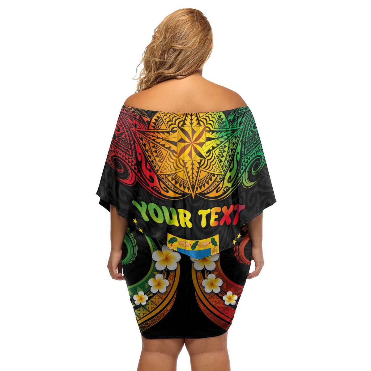 Personalised Tuvalu Independence Day Off Shoulder Short Dress Polynesian Tattoo and Plumeria Reggae Color LT03 - Polynesian Pride