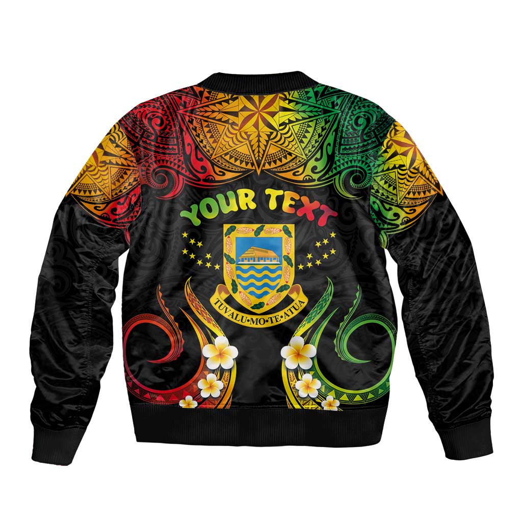 Personalised Tuvalu Independence Day Sleeve Zip Bomber Jacket Polynesian Tattoo and Plumeria Reggae Color