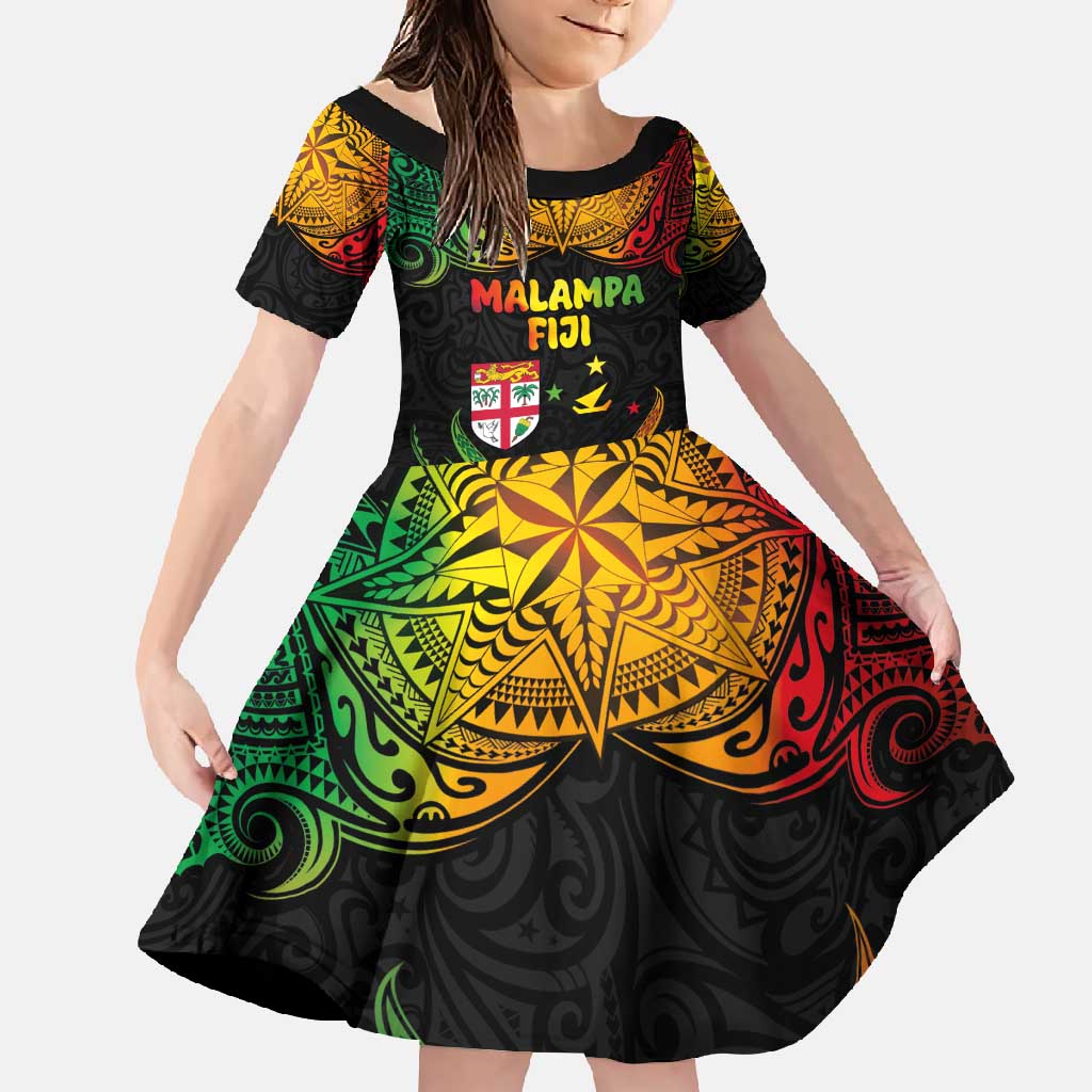 Personalised Malampa Fiji Day Family Matching Long Sleeve Bodycon Dress and Hawaiian Shirt Polynesian Tattoo and Plumeria Reggae Color LT03 Daughter's Dress Reggae - Polynesian Pride