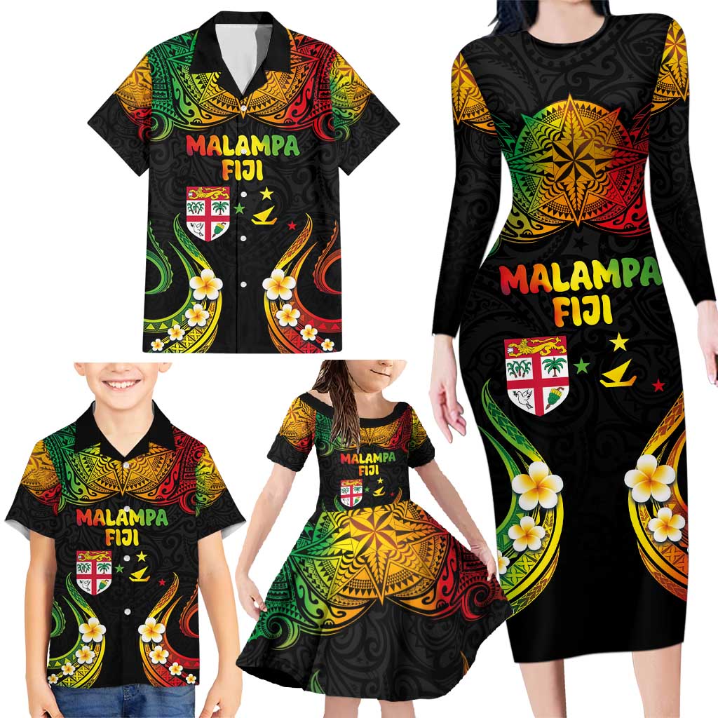Personalised Malampa Fiji Day Family Matching Long Sleeve Bodycon Dress and Hawaiian Shirt Polynesian Tattoo and Plumeria Reggae Color LT03 - Polynesian Pride