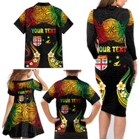 Personalised Malampa Fiji Day Family Matching Long Sleeve Bodycon Dress and Hawaiian Shirt Polynesian Tattoo and Plumeria Reggae Color LT03 - Polynesian Pride