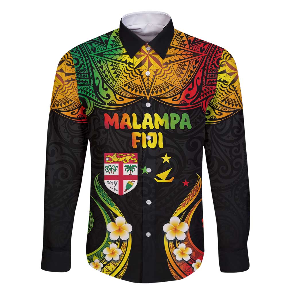 Personalised Malampa Fiji Day Family Matching Long Sleeve Bodycon Dress and Hawaiian Shirt Polynesian Tattoo and Plumeria Reggae Color LT03 Dad's Shirt - Long Sleeve Reggae - Polynesian Pride