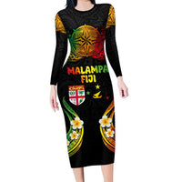 Personalised Malampa Fiji Day Family Matching Long Sleeve Bodycon Dress and Hawaiian Shirt Polynesian Tattoo and Plumeria Reggae Color LT03 Mom's Dress Reggae - Polynesian Pride