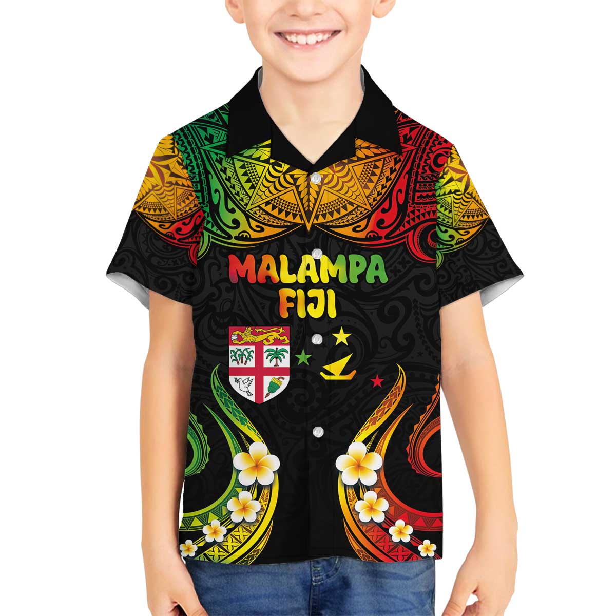 Personalised Malampa Fiji Day Family Matching Off The Shoulder Long Sleeve Dress and Hawaiian Shirt Polynesian Tattoo and Plumeria Reggae Color