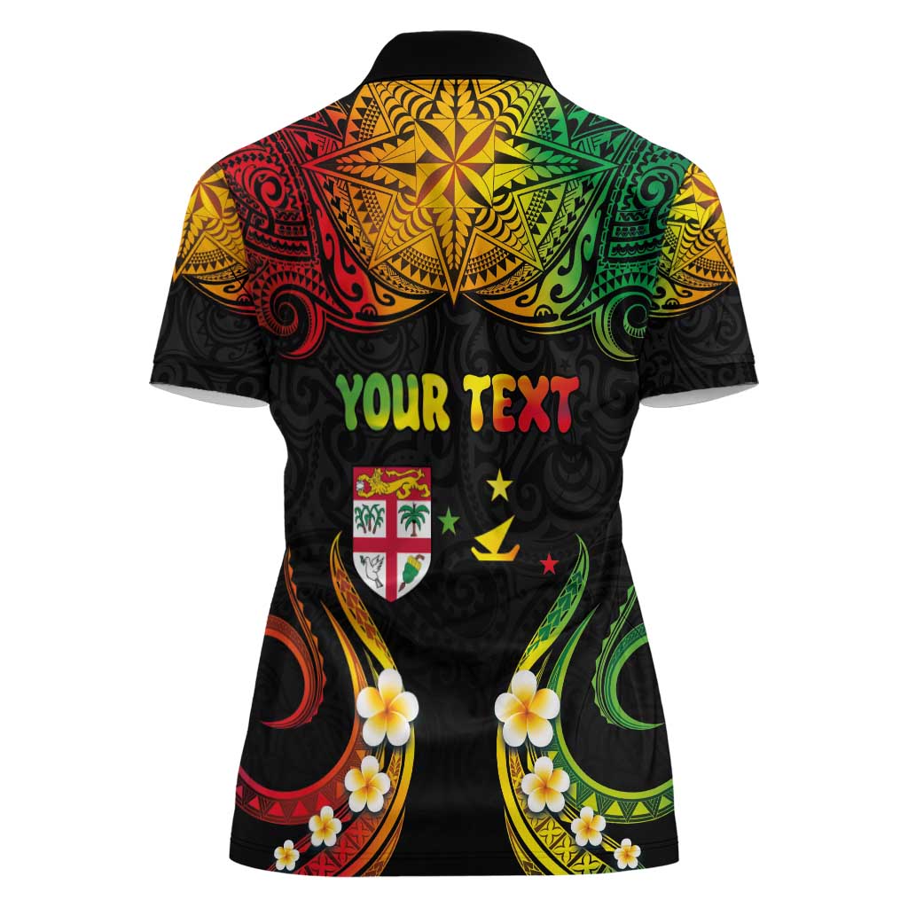 Personalised Malampa Fiji Day Women Polo Shirt Polynesian Tattoo and Plumeria Reggae Color