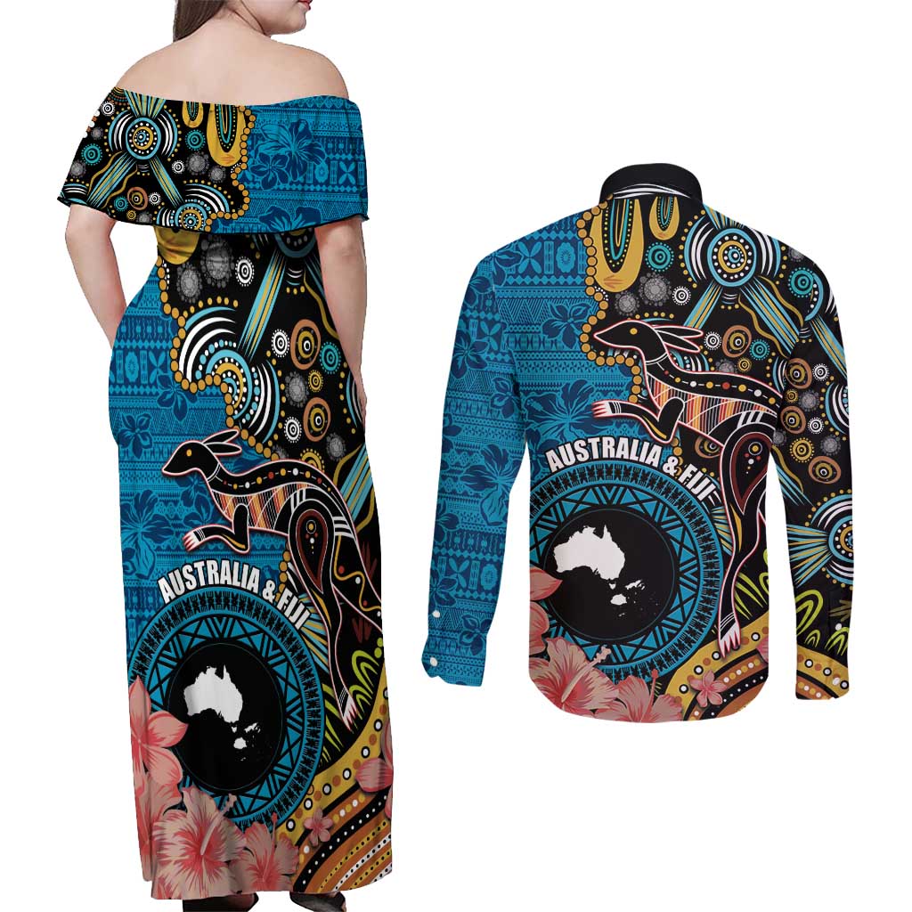 Fiji and Australia Kangaroos Couples Matching Off Shoulder Maxi Dress and Long Sleeve Button Shirt Indigenous Aboriginal and Fijian Masi Tribal Tattoo