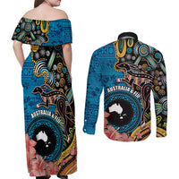 Fiji and Australia Kangaroos Couples Matching Off Shoulder Maxi Dress and Long Sleeve Button Shirt Indigenous Aboriginal and Fijian Masi Tribal Tattoo