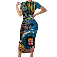 Fiji and Australia Kangaroos Family Matching Short Sleeve Bodycon Dress and Hawaiian Shirt Indigenous Aboriginal and Fijian Masi Tribal Tattoo