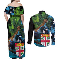 Fiji and New Zealand Tui Bird Couples Matching Off Shoulder Maxi Dress and Long Sleeve Button Shirt Koru Fern Leafs and Palm Tree With Plumeria