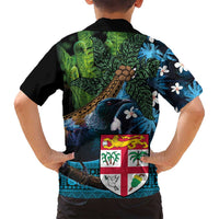 Fiji and New Zealand Tui Bird Family Matching Long Sleeve Bodycon Dress and Hawaiian Shirt Koru Fern Leafs and Palm Tree With Plumeria LT03 - Polynesian Pride