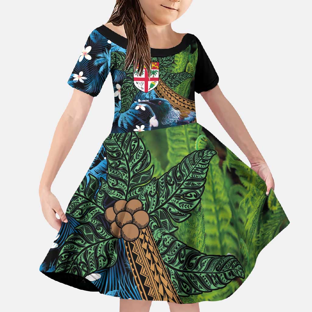 Fiji and New Zealand Tui Bird Family Matching Long Sleeve Bodycon Dress and Hawaiian Shirt Koru Fern Leafs and Palm Tree With Plumeria LT03 Daughter's Dress Blue - Polynesian Pride