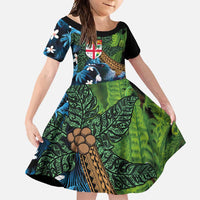 Fiji and New Zealand Tui Bird Family Matching Long Sleeve Bodycon Dress and Hawaiian Shirt Koru Fern Leafs and Palm Tree With Plumeria LT03 Daughter's Dress Blue - Polynesian Pride