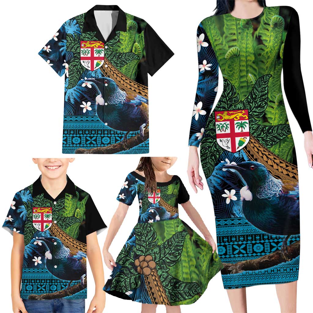 Fiji and New Zealand Tui Bird Family Matching Long Sleeve Bodycon Dress and Hawaiian Shirt Koru Fern Leafs and Palm Tree With Plumeria LT03 - Polynesian Pride