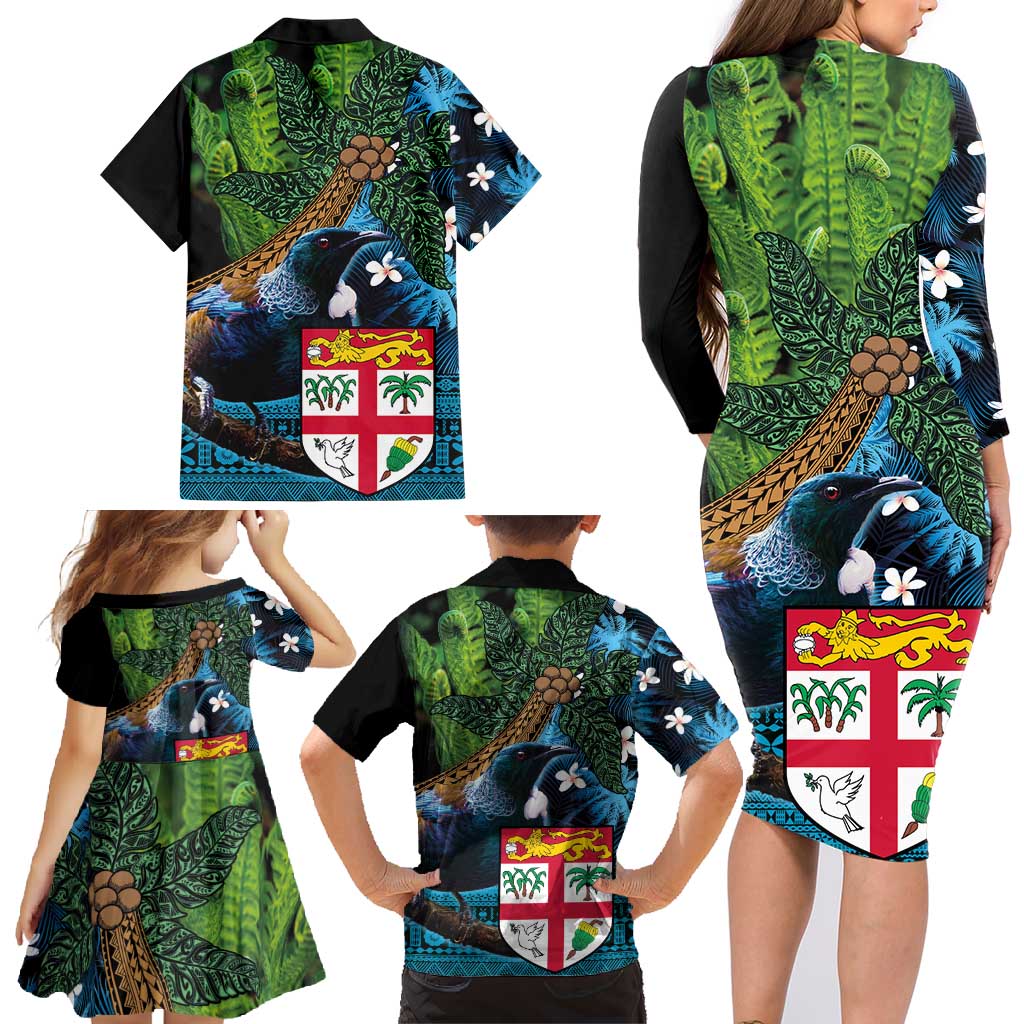 Fiji and New Zealand Tui Bird Family Matching Long Sleeve Bodycon Dress and Hawaiian Shirt Koru Fern Leafs and Palm Tree With Plumeria LT03 - Polynesian Pride