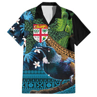 Fiji and New Zealand Tui Bird Family Matching Long Sleeve Bodycon Dress and Hawaiian Shirt Koru Fern Leafs and Palm Tree With Plumeria LT03 Dad's Shirt - Short Sleeve Blue - Polynesian Pride