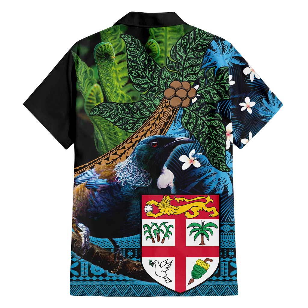 Fiji and New Zealand Tui Bird Family Matching Long Sleeve Bodycon Dress and Hawaiian Shirt Koru Fern Leafs and Palm Tree With Plumeria LT03 - Polynesian Pride