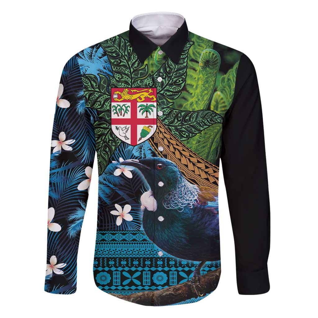 Fiji and New Zealand Tui Bird Family Matching Long Sleeve Bodycon Dress and Hawaiian Shirt Koru Fern Leafs and Palm Tree With Plumeria LT03 Dad's Shirt - Long Sleeve Blue - Polynesian Pride