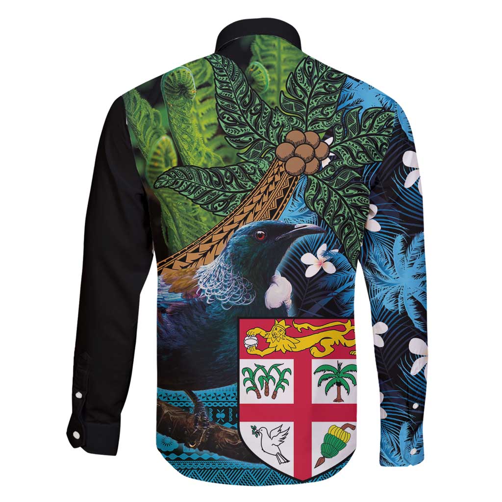 Fiji and New Zealand Tui Bird Family Matching Long Sleeve Bodycon Dress and Hawaiian Shirt Koru Fern Leafs and Palm Tree With Plumeria LT03 - Polynesian Pride