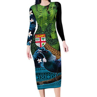 Fiji and New Zealand Tui Bird Family Matching Long Sleeve Bodycon Dress and Hawaiian Shirt Koru Fern Leafs and Palm Tree With Plumeria LT03 Mom's Dress Blue - Polynesian Pride