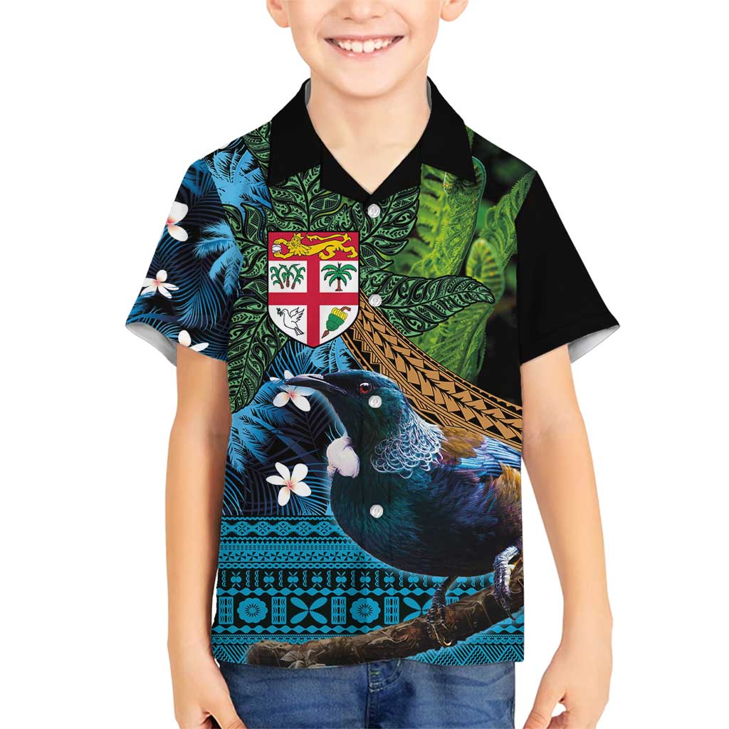 Fiji and New Zealand Tui Bird Family Matching Long Sleeve Bodycon Dress and Hawaiian Shirt Koru Fern Leafs and Palm Tree With Plumeria LT03 Son's Shirt Blue - Polynesian Pride