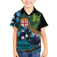 Fiji and New Zealand Tui Bird Family Matching Long Sleeve Bodycon Dress and Hawaiian Shirt Koru Fern Leafs and Palm Tree With Plumeria LT03 Son's Shirt Blue - Polynesian Pride