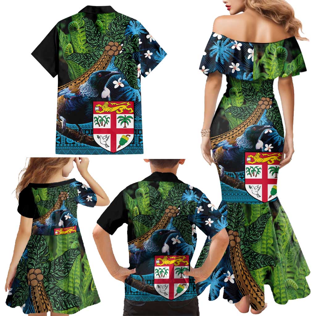 Fiji and New Zealand Tui Bird Family Matching Mermaid Dress and Hawaiian Shirt Koru Fern Leafs and Palm Tree With Plumeria