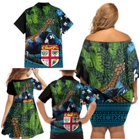 Fiji and New Zealand Tui Bird Family Matching Off Shoulder Short Dress and Hawaiian Shirt Koru Fern Leafs and Palm Tree With Plumeria