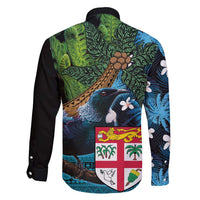 Fiji and New Zealand Tui Bird Family Matching Short Sleeve Bodycon Dress and Hawaiian Shirt Koru Fern Leafs and Palm Tree With Plumeria