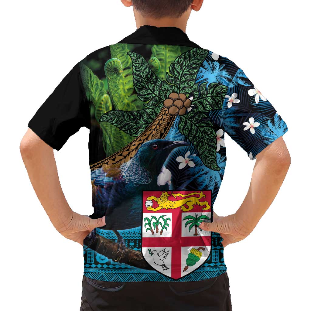 Fiji and New Zealand Tui Bird Family Matching Tank Maxi Dress and Hawaiian Shirt Koru Fern Leafs and Palm Tree With Plumeria LT03 - Polynesian Pride