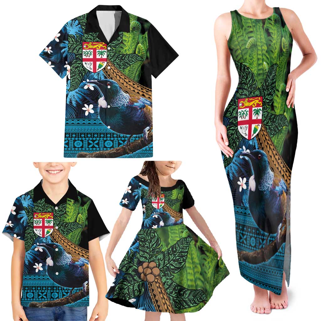 Fiji and New Zealand Tui Bird Family Matching Tank Maxi Dress and Hawaiian Shirt Koru Fern Leafs and Palm Tree With Plumeria LT03 - Polynesian Pride