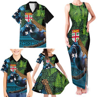 Fiji and New Zealand Tui Bird Family Matching Tank Maxi Dress and Hawaiian Shirt Koru Fern Leafs and Palm Tree With Plumeria LT03 - Polynesian Pride