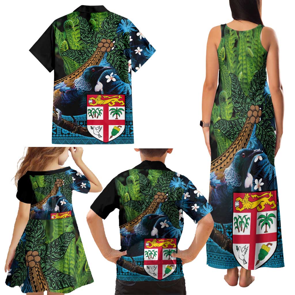 Fiji and New Zealand Tui Bird Family Matching Tank Maxi Dress and Hawaiian Shirt Koru Fern Leafs and Palm Tree With Plumeria LT03 - Polynesian Pride