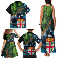 Fiji and New Zealand Tui Bird Family Matching Tank Maxi Dress and Hawaiian Shirt Koru Fern Leafs and Palm Tree With Plumeria LT03 - Polynesian Pride