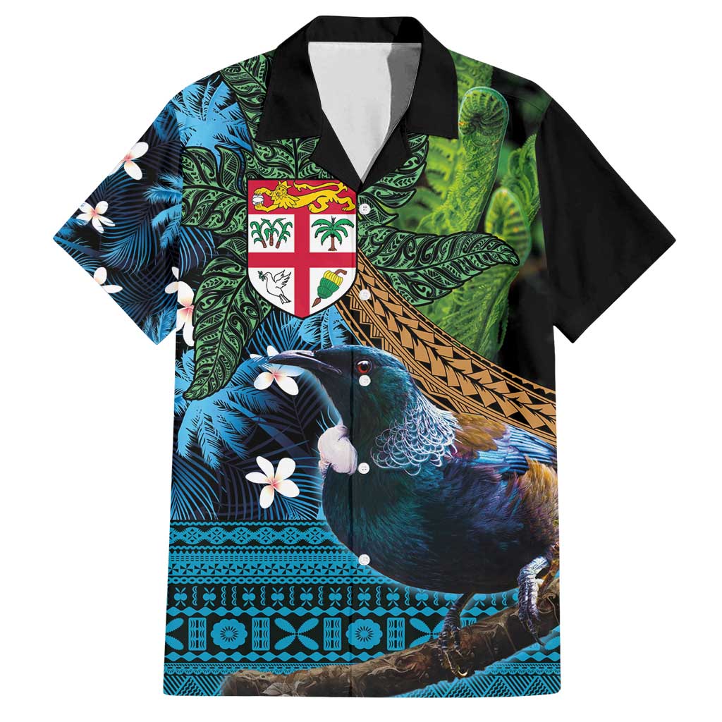 Fiji and New Zealand Tui Bird Family Matching Tank Maxi Dress and Hawaiian Shirt Koru Fern Leafs and Palm Tree With Plumeria LT03 Dad's Shirt - Short Sleeve Blue - Polynesian Pride