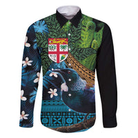 Fiji and New Zealand Tui Bird Family Matching Tank Maxi Dress and Hawaiian Shirt Koru Fern Leafs and Palm Tree With Plumeria LT03 Dad's Shirt - Long Sleeve Blue - Polynesian Pride