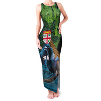 Fiji and New Zealand Tui Bird Family Matching Tank Maxi Dress and Hawaiian Shirt Koru Fern Leafs and Palm Tree With Plumeria LT03 Mom's Dress Blue - Polynesian Pride