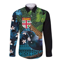 Fiji and New Zealand Tui Bird Long Sleeve Button Shirt Koru Fern Leafs and Palm Tree With Plumeria