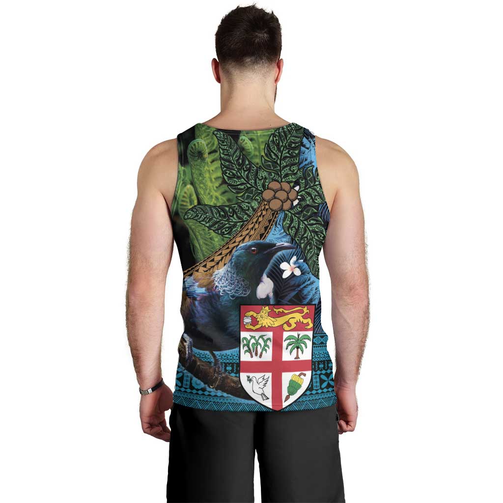 Fiji and New Zealand Tui Bird Men Tank Top Koru Fern Leafs and Palm Tree With Plumeria