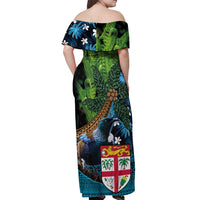 Fiji and New Zealand Tui Bird Off Shoulder Maxi Dress Koru Fern Leafs and Palm Tree With Plumeria