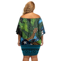 Fiji and New Zealand Tui Bird Off Shoulder Short Dress Koru Fern Leafs and Palm Tree With Plumeria