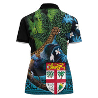 Fiji and New Zealand Tui Bird Women Polo Shirt Koru Fern Leafs and Palm Tree With Plumeria